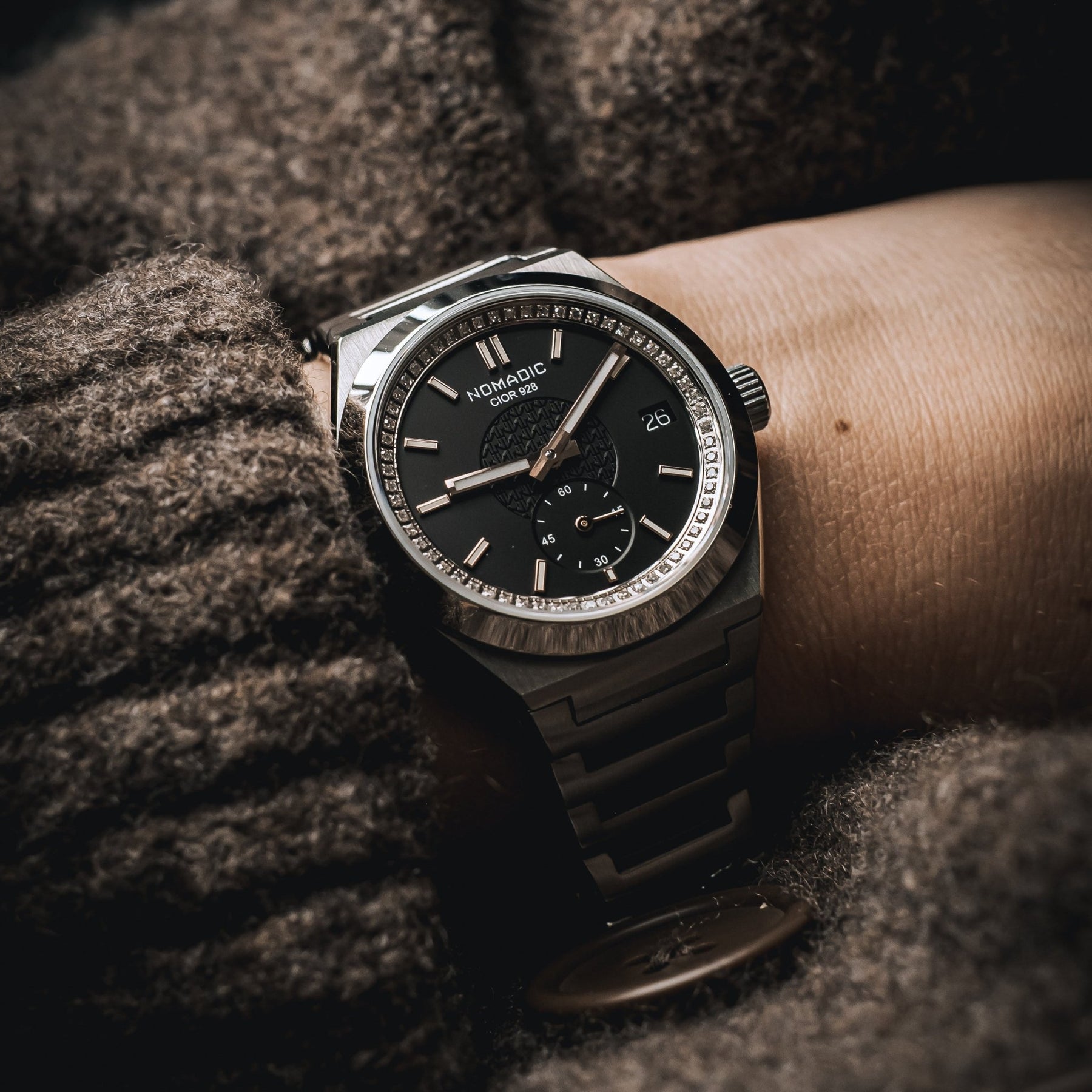 Cíor 928 - Luxury Sports Watch (36mm) - Black and Rose Gold with Diamonds