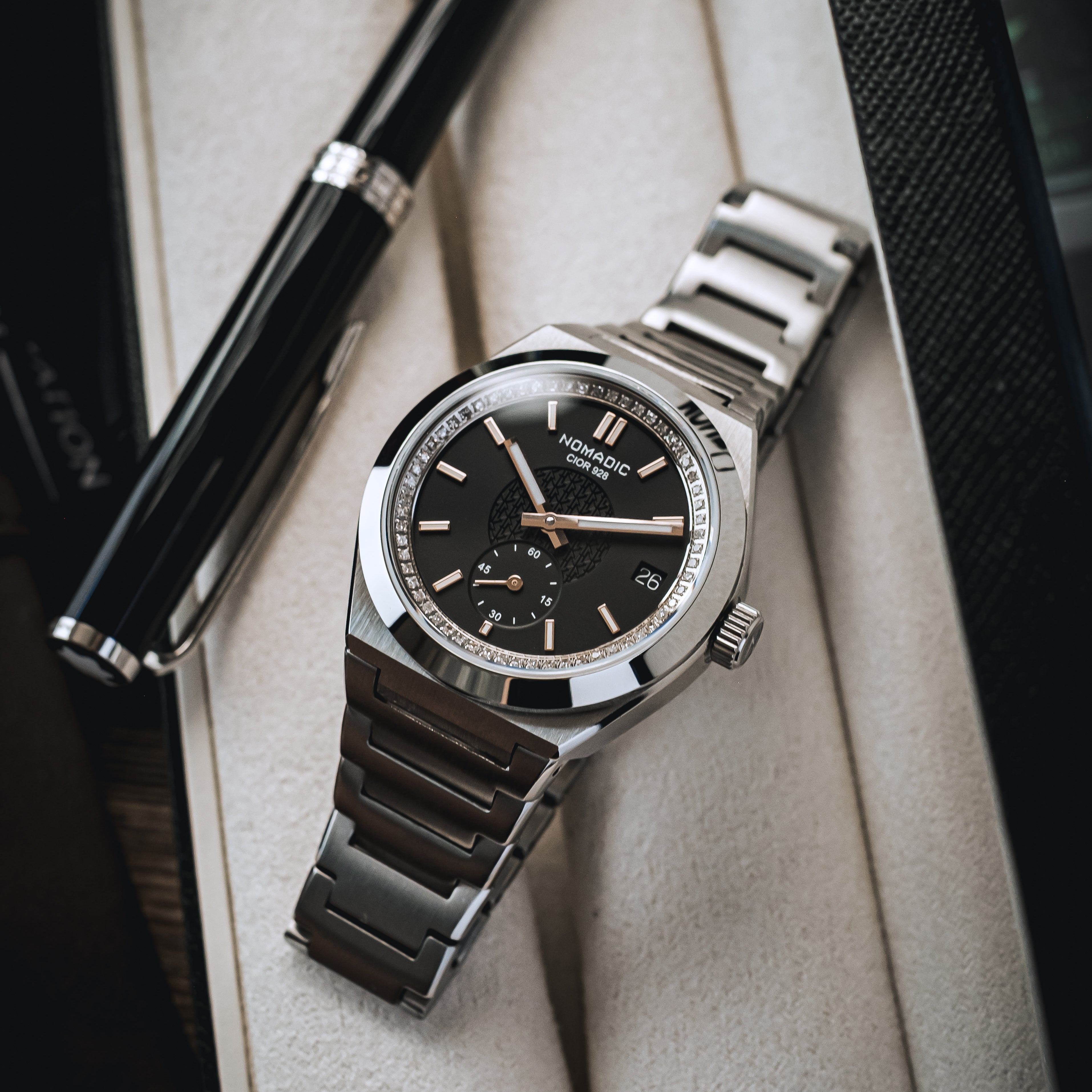 Cíor 928 - Luxury Sports Watch (36mm) - Black and Rose Gold with Diamonds